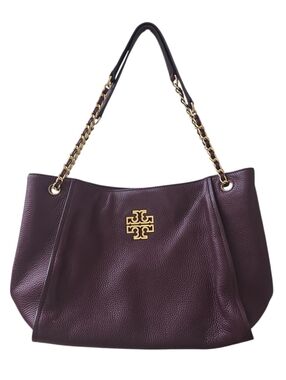 Tory Burch Britten Pebbled Leather Tote Burgundy Chain Strap Shoulder Bag